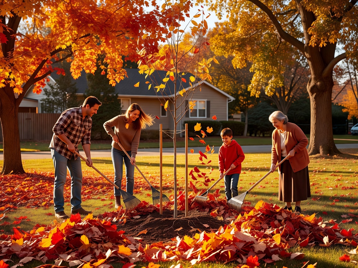 A family raking autumn leaves around a newly planted young tree