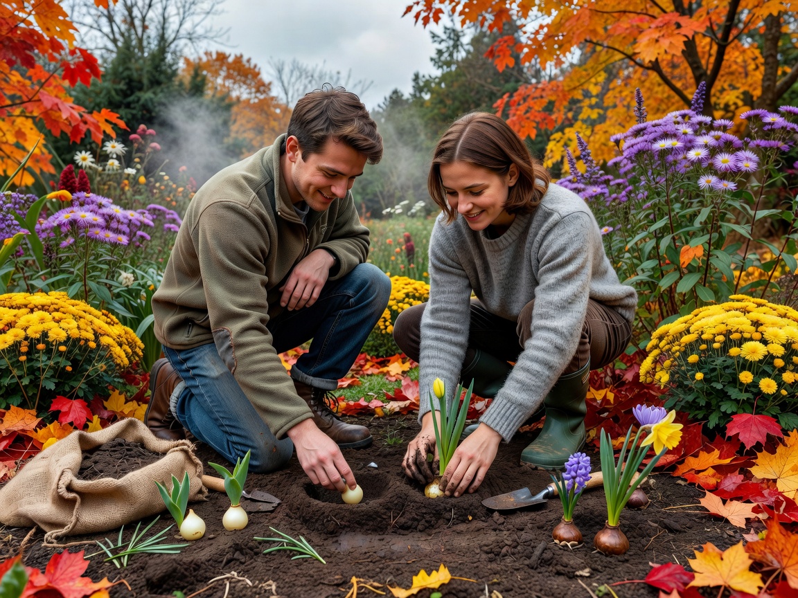 Two friends kneeling to plant spring bulbs in an autumn border