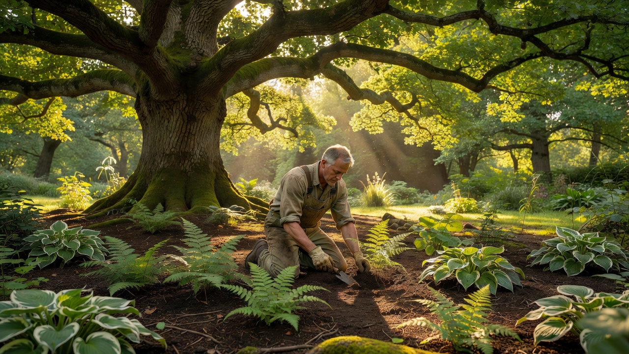 A gardener planting ferns and hostas beneath a large tree canopy
