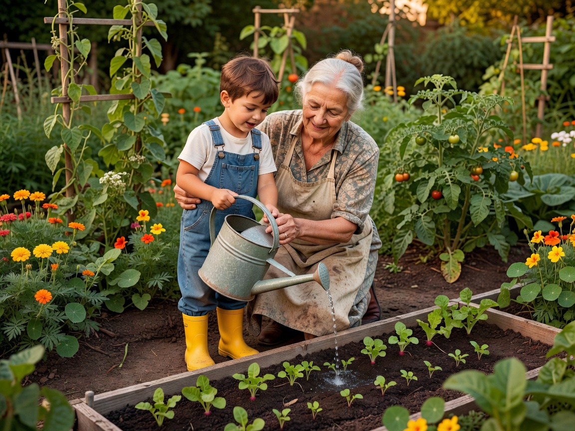 A grandmother showing a child how to water seedlings in a garden