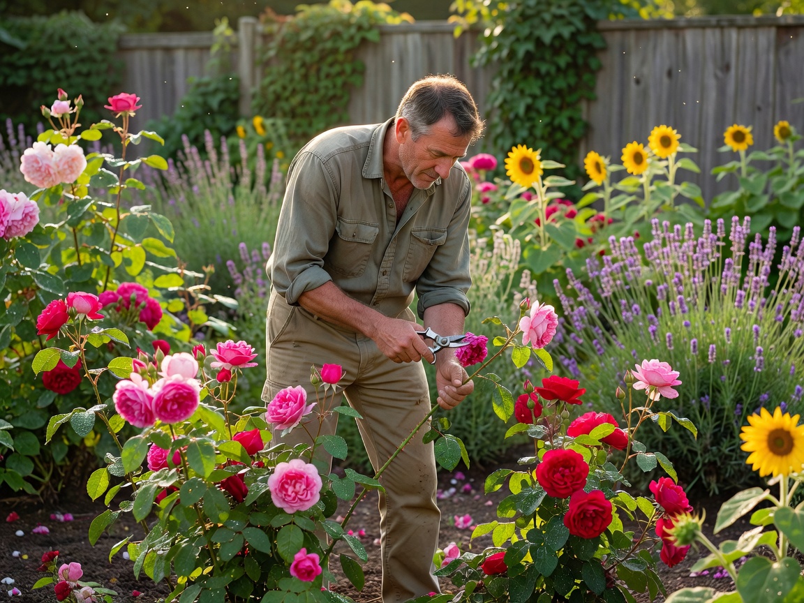 A man deadheading roses in his garden on a summer morning