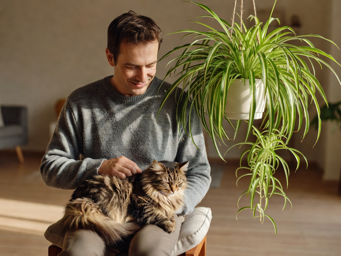 A man stroking his cat beside a hanging spider plant