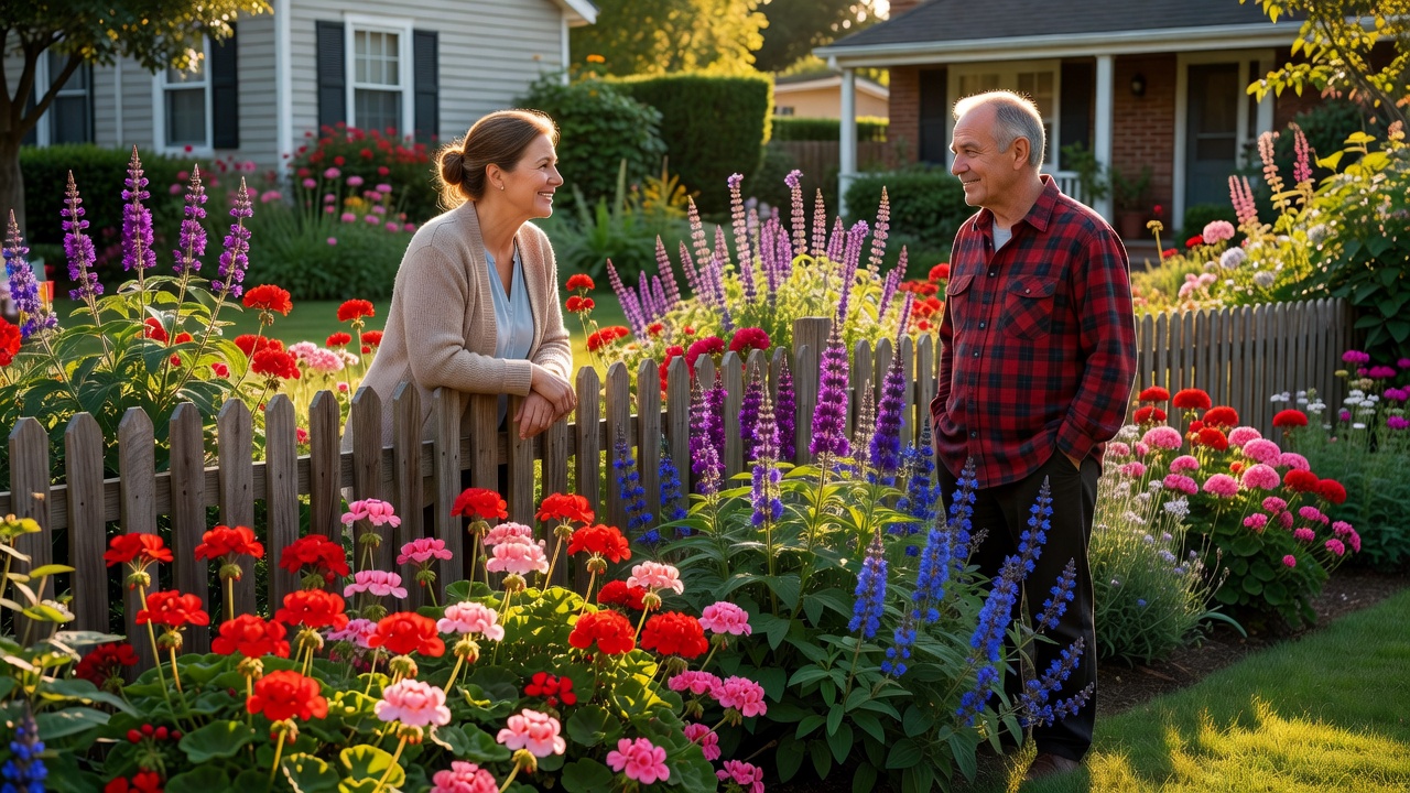 Two neighbours chatting across a front garden full of flowering geraniums and salvias