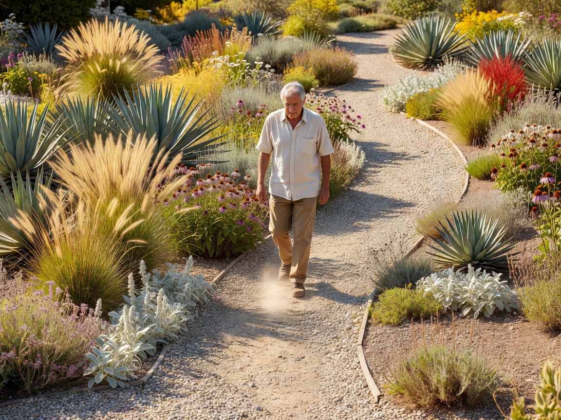 An older man walking along a gravel path between drought-tolerant perennials in summer