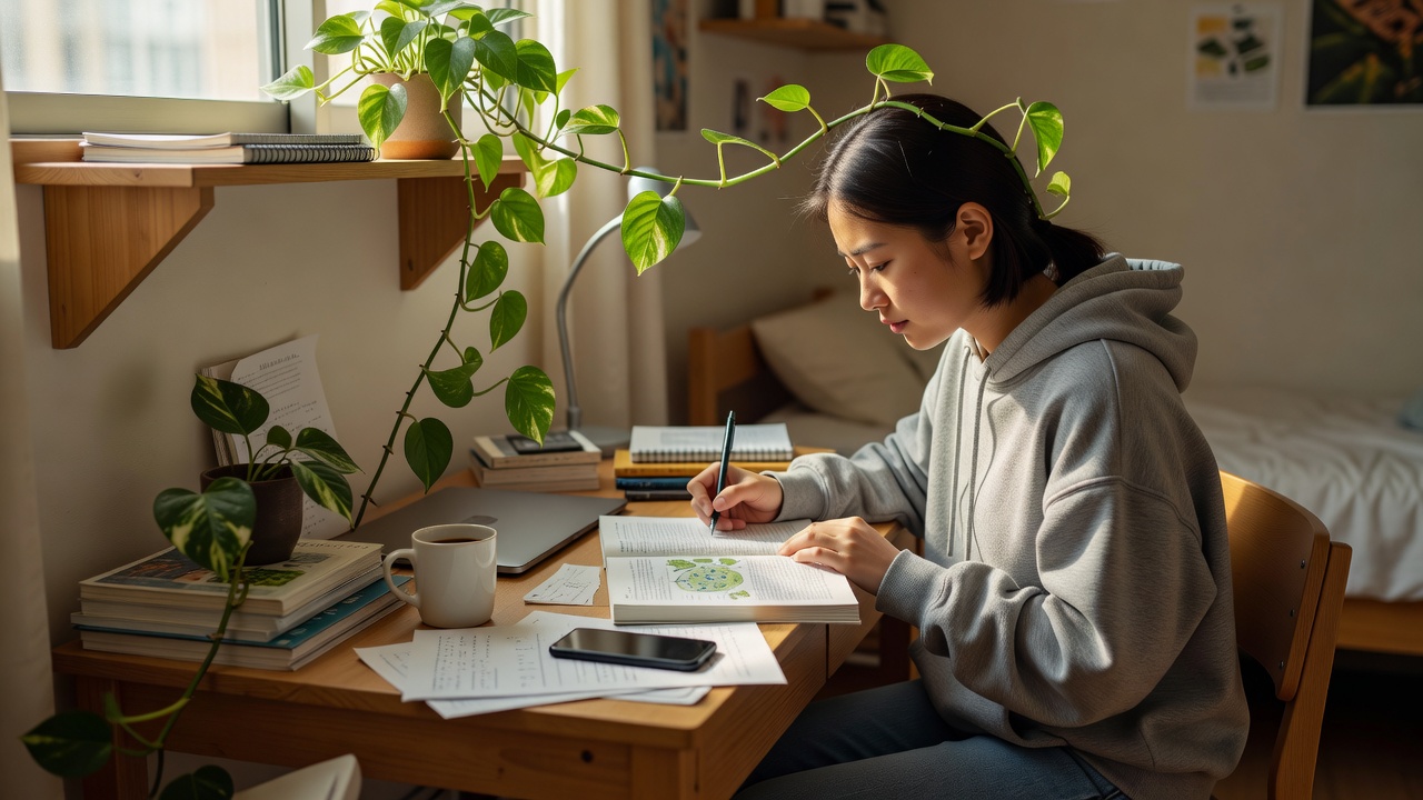 A student working at a desk with a pothos trailing from the shelf above