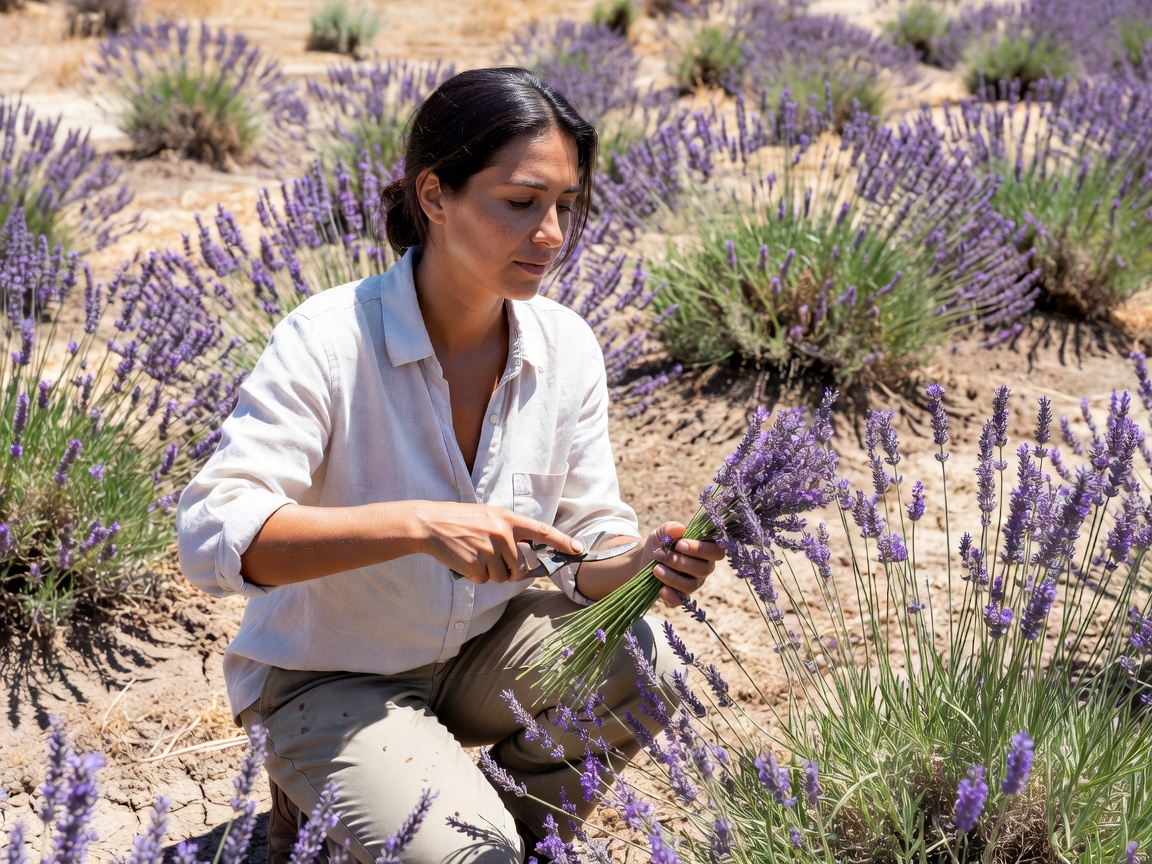 A woman cutting lavender stems in a sunny, dry garden