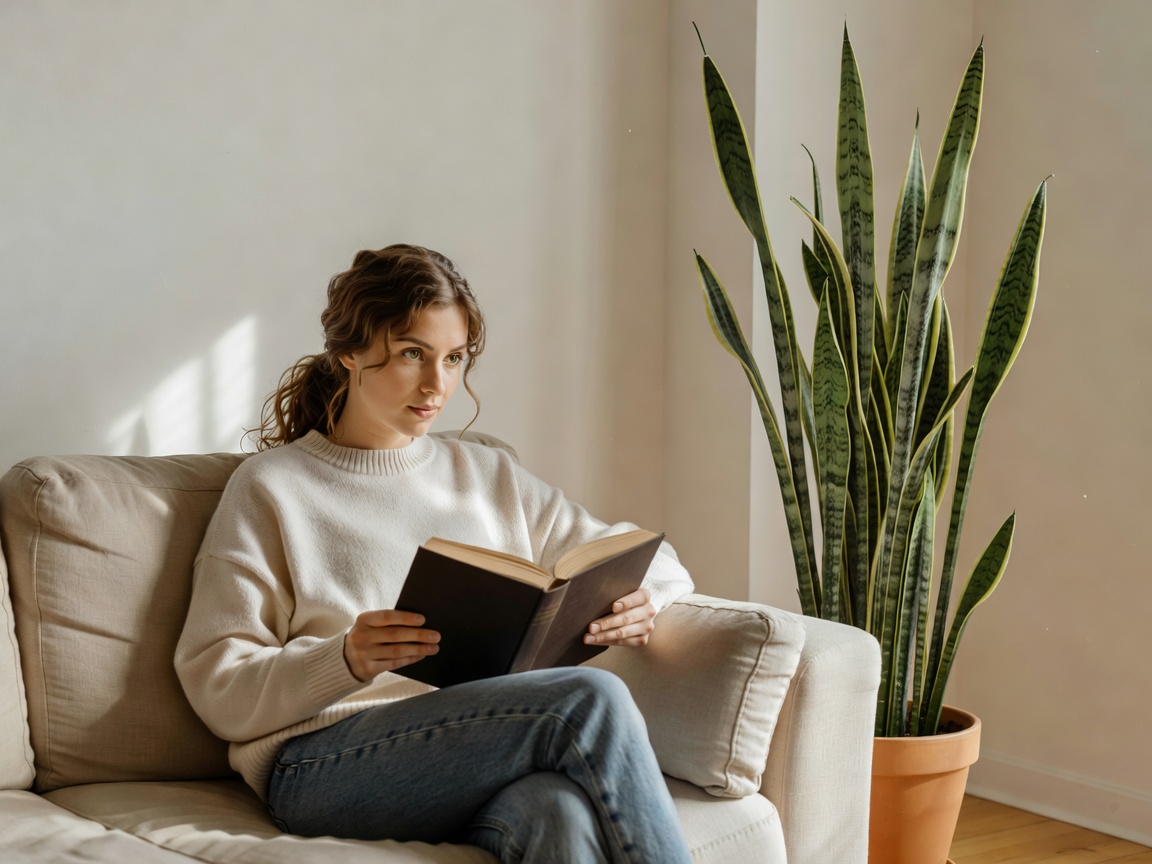 A woman reading on a sofa beside a tall snake plant in natural window light
