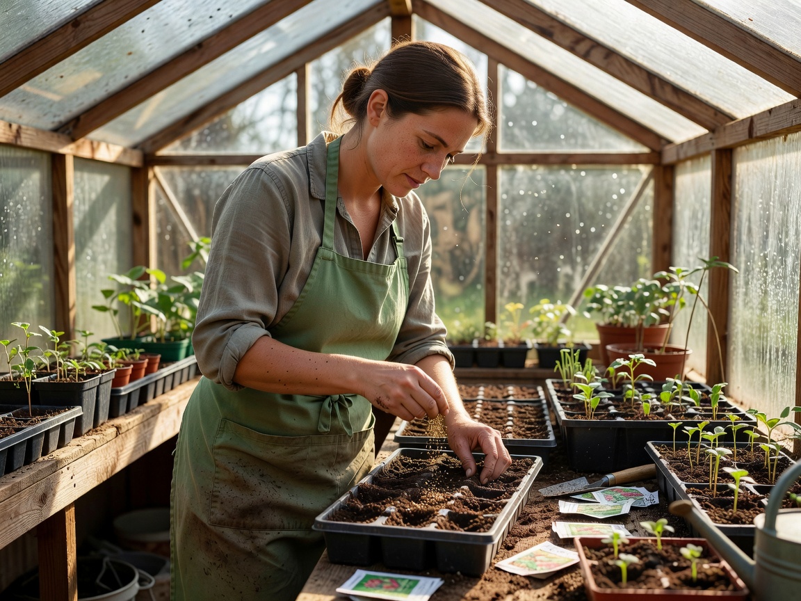 A woman sowing seeds into trays inside a small greenhouse