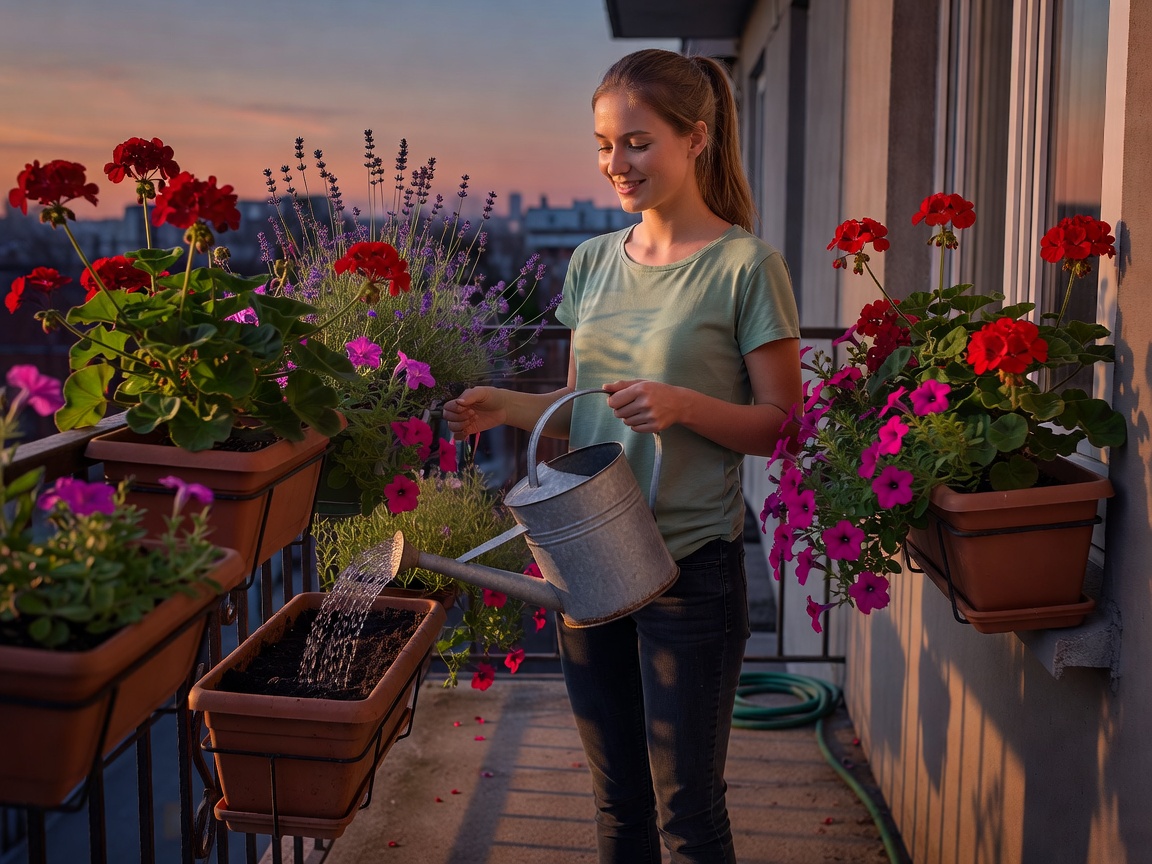 A young woman watering flowering planters on an apartment balcony in evening light